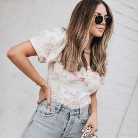 Linen square neck puff sleeve cropped blouse floral size M - Picture 14 of 14